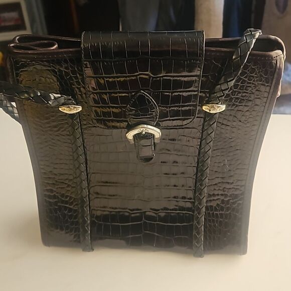 BRIGHTON  VINTAGE CROC BLACK LEATHER HOBO SATCHELS HANDBAG - Picture 1 of 8